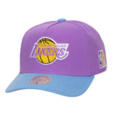 A purple and light blue Los Angeles Lakers baseball cap by Mitchell & Ness, featuring the embroidered Lakers logo on the front and an NBA patch on the side, set against a plain white background.
