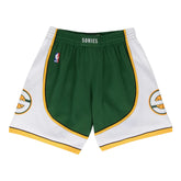 Green and white basketball shorts with Sonics logo on a white background