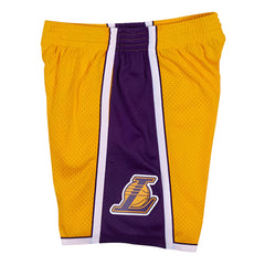 Yellow and purple shorts with a logo on a white background