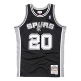 Black basketball jersey with 'Spurs' and number '20' on a white background