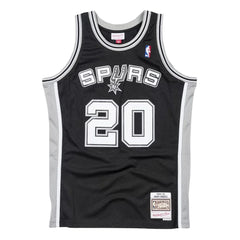 Black basketball jersey with 'Spurs' and number '20' on a white background