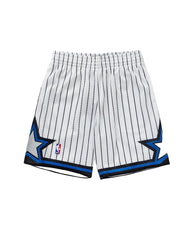 White pinstripe shorts with blue accents and NBA logo on a light gray background