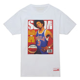 White t-shirt with a graphic of Allen Iverson on the cover of 'Soul on Ice' magazine.