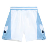 Light blue and white shorts with a small logo on a white background