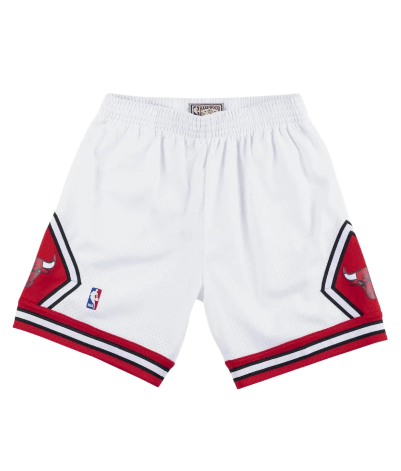 White basketball shorts with red and black accents on a white background