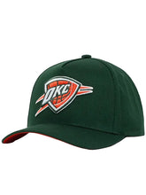 A dark green Oklahoma City Thunder baseball cap featuring an embroidered team logo on the front, set against a clean light gray background.
