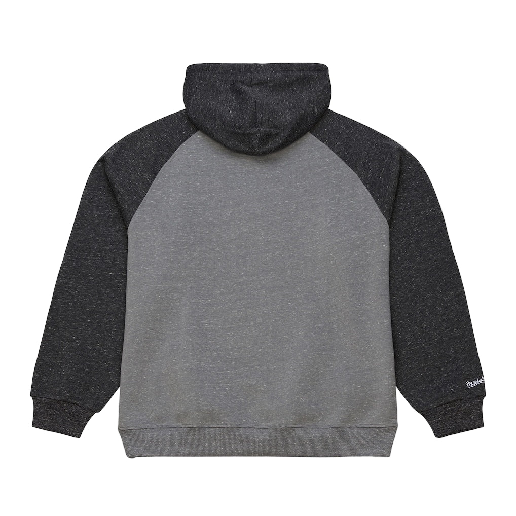 Gray hoodie with black sleeves on a light gray background