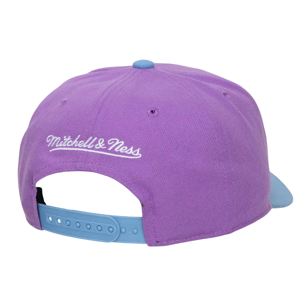 A purple snapback cap shown from the back, featuring a light blue adjustable strap and visor, with 'Mitchell & Ness' embroidered in white script on the side.