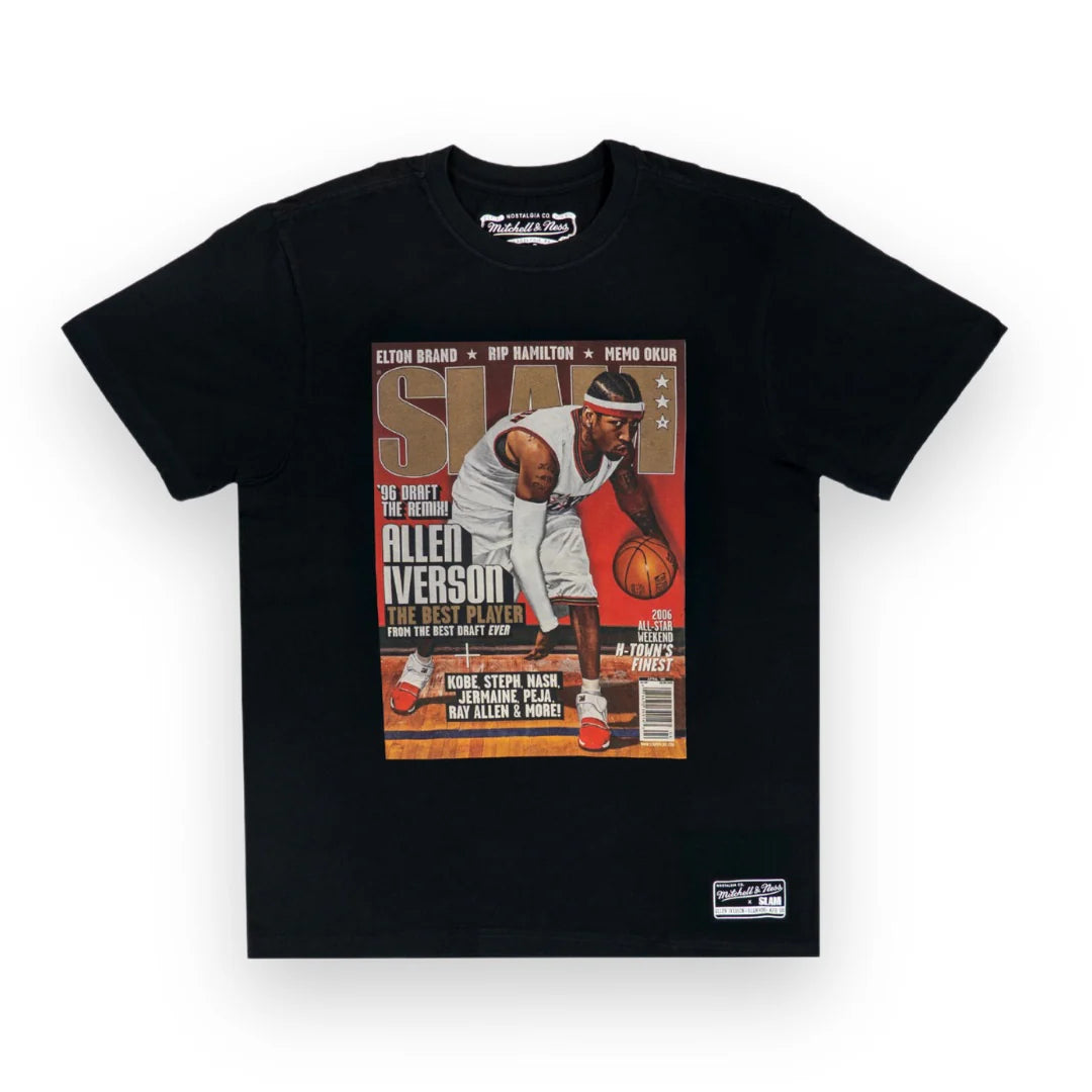 Black t-shirt with a magazine cover graphic featuring Allen Iverson on a white background