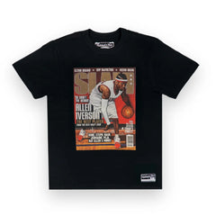 Black t-shirt with a magazine cover graphic featuring Allen Iverson on a white background