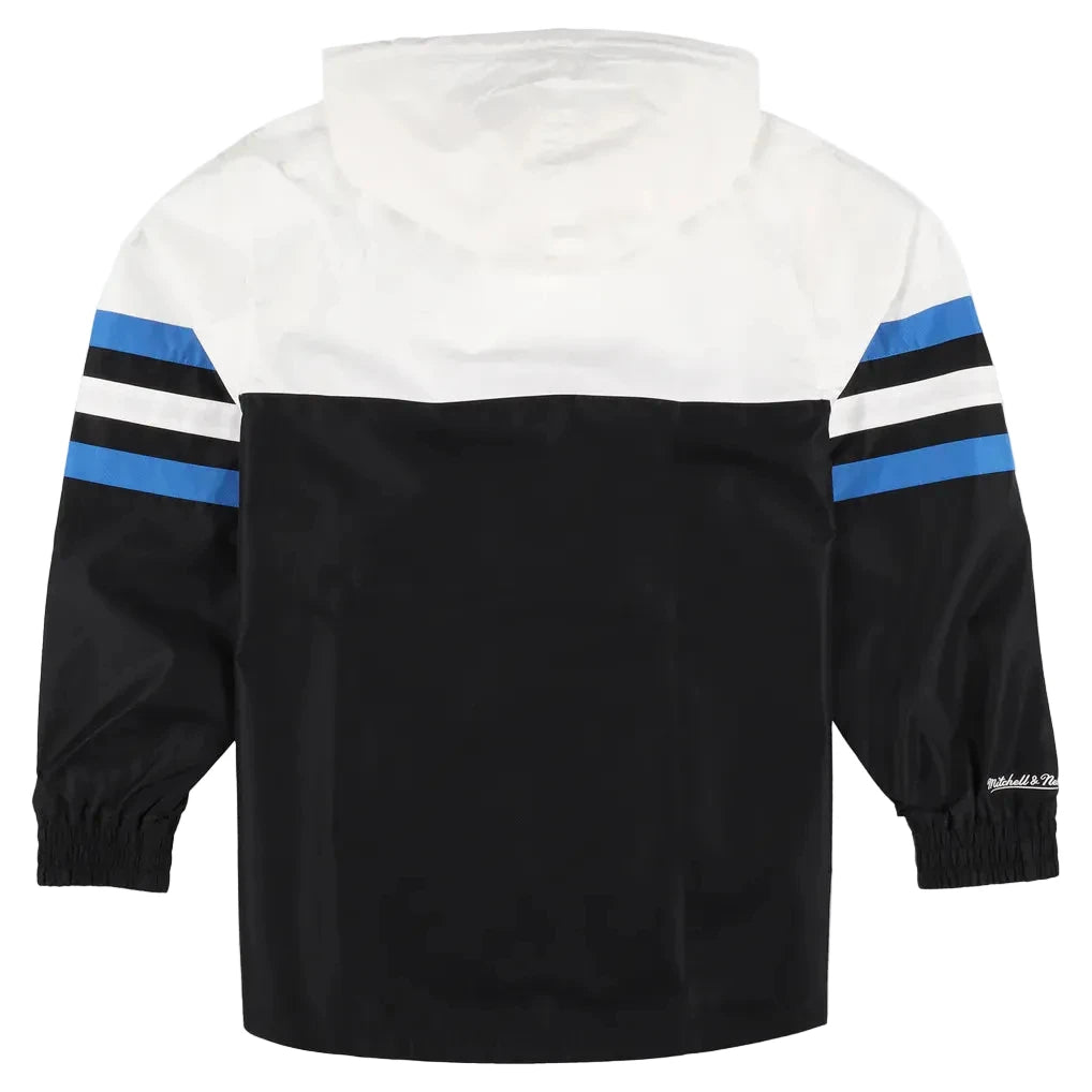 A hooded windbreaker jacket shown from the back, featuring a white upper section, a black lower section, and blue and white striped sleeve accents. A small white 'Ralph Lauren' logo is visible on the lower left sleeve cuff.