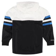 A hooded windbreaker jacket shown from the back, featuring a white upper section, a black lower section, and blue and white striped sleeve accents. A small white 'Ralph Lauren' logo is visible on the lower left sleeve cuff.