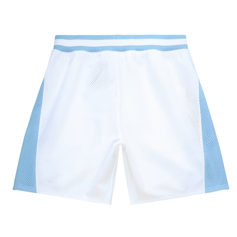 White shorts with blue accents on a white background