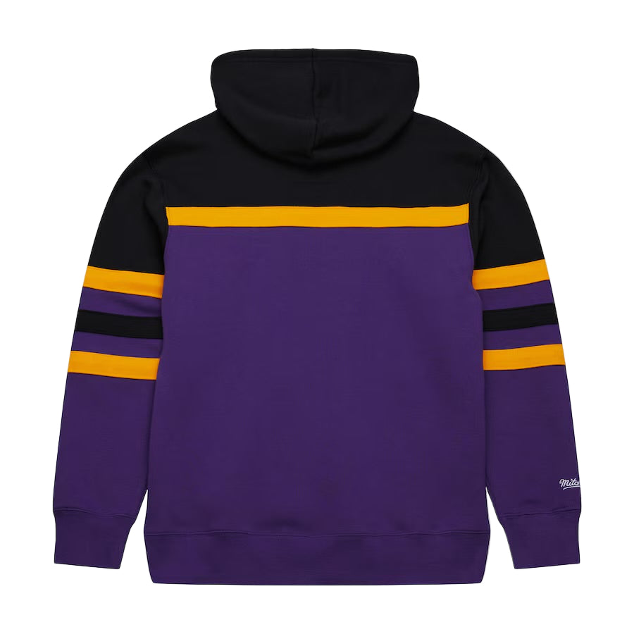 Black and purple hoodie with yellow and black striped sleeves on a white background