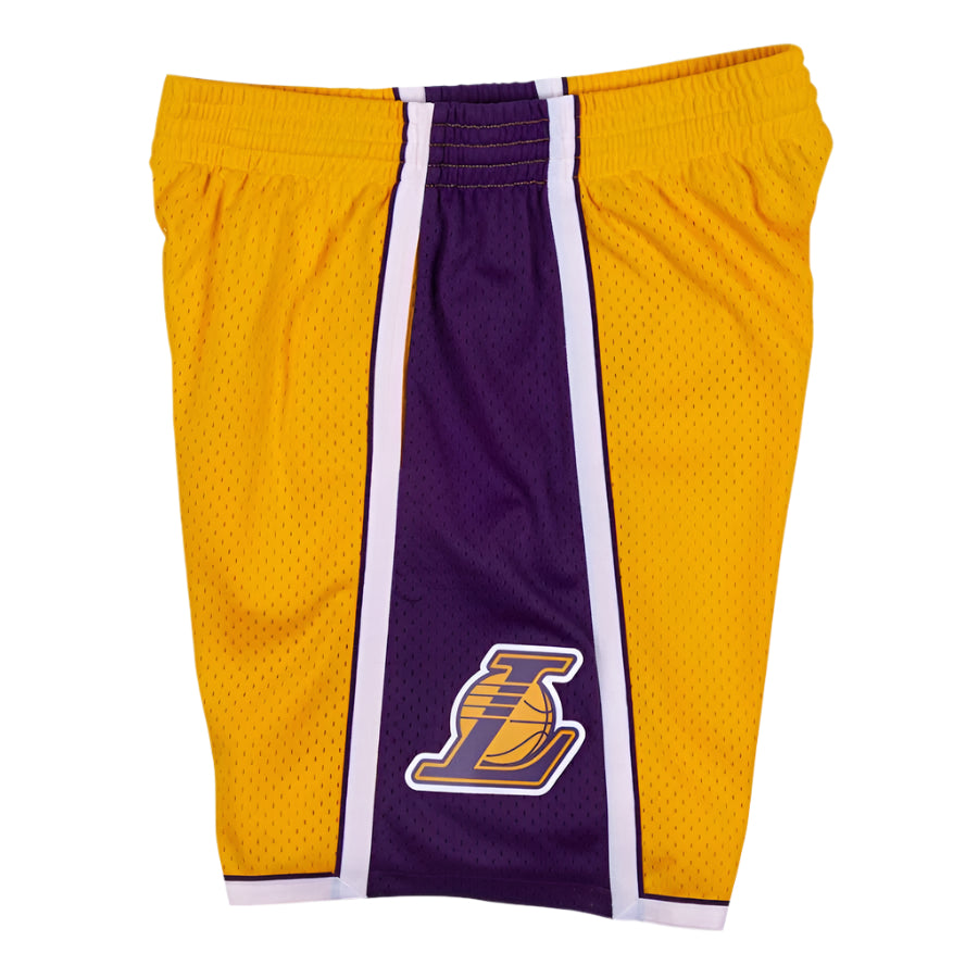 Yellow and purple shorts with a logo on a white background