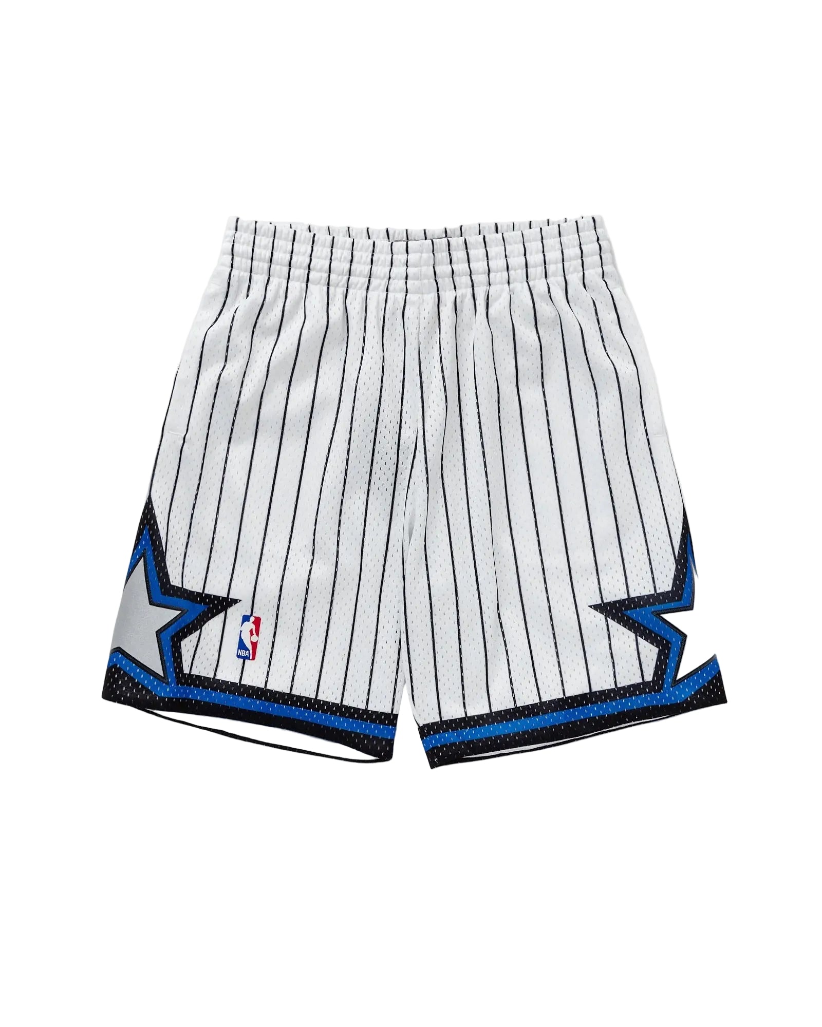 White pinstripe shorts with blue accents and NBA logo on a light gray background