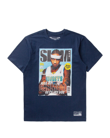 Navy blue t-shirt with a graphic of a magazine cover featuring a basketball player on a light gray background
