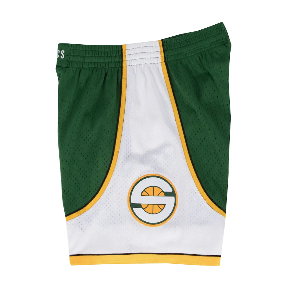 Green and white shorts with a logo on a white background