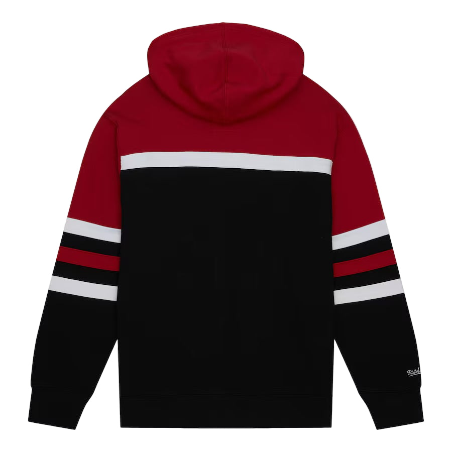 Red and black hoodie with white stripes on a white background