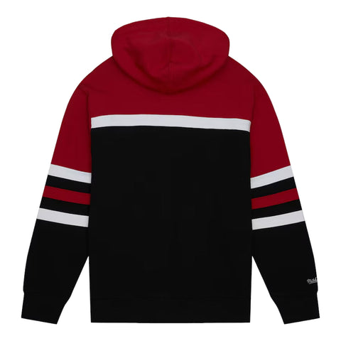 Red and black hoodie with white stripes on a white background