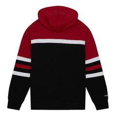 Red and black hoodie with white stripes on a white background