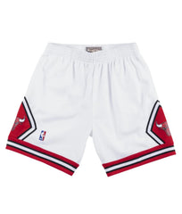 White basketball shorts with red and black accents on a white background
