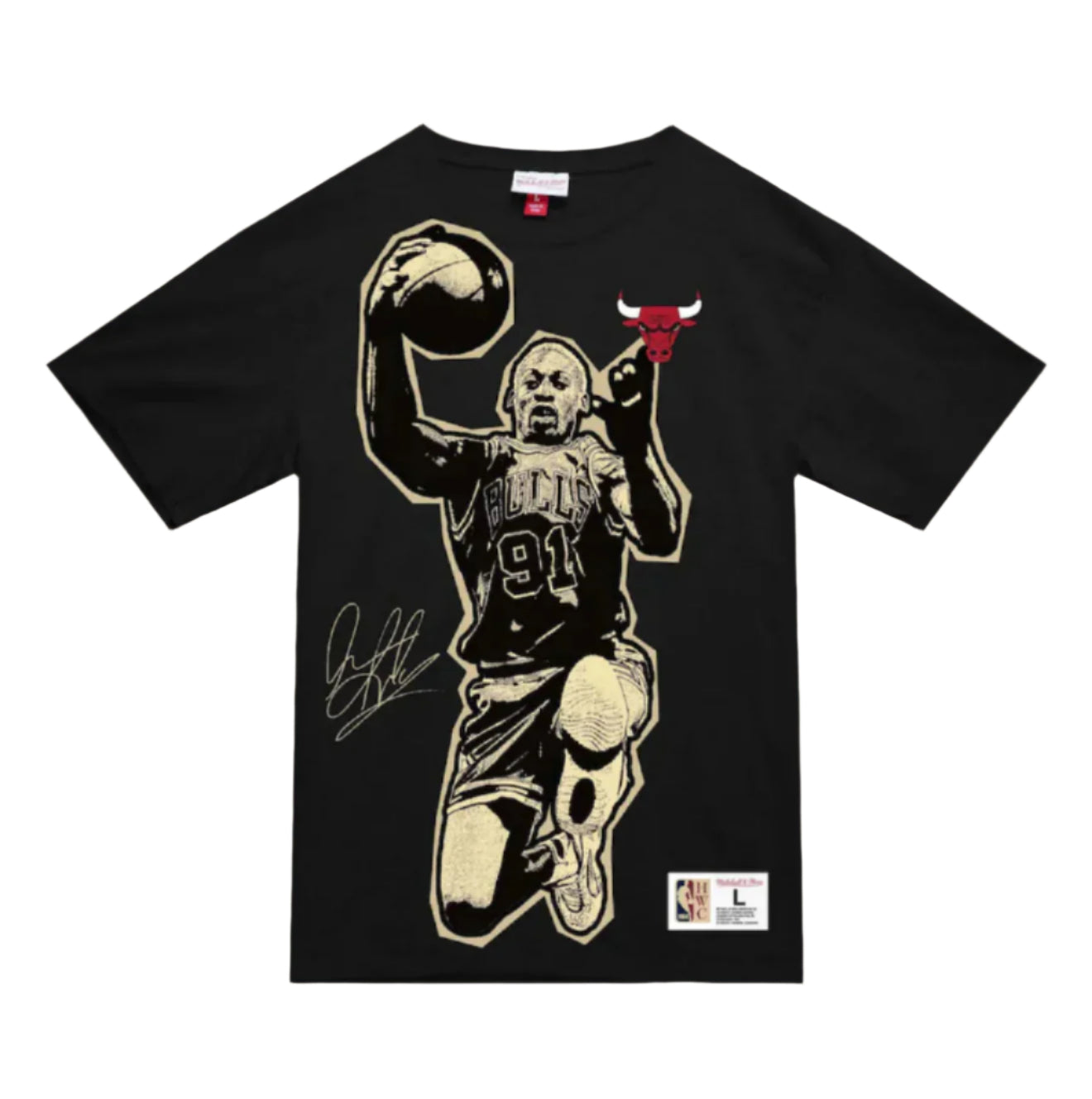 Black t-shirt with a graphic of a basketball player and a bull logo on a beige background