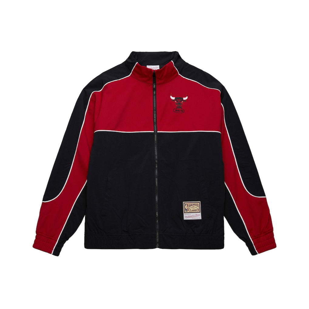 Red and black jacket with a logo on a white background