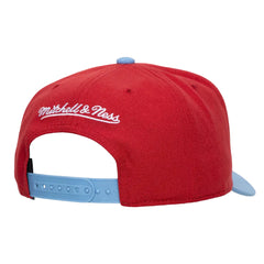 Red snapback cap from the back showing the white embroidered Mitchell & Ness logo, a light blue plastic snapback strap, and a light blue visor tip, on a light gray background.