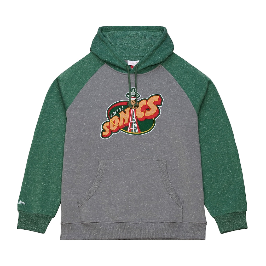 Gray and green hoodie with a logo on a white background