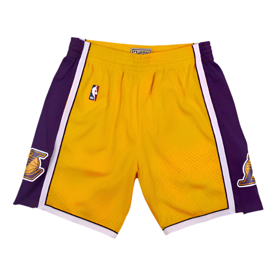 Yellow basketball shorts with purple accents and NBA logo on a yellow background