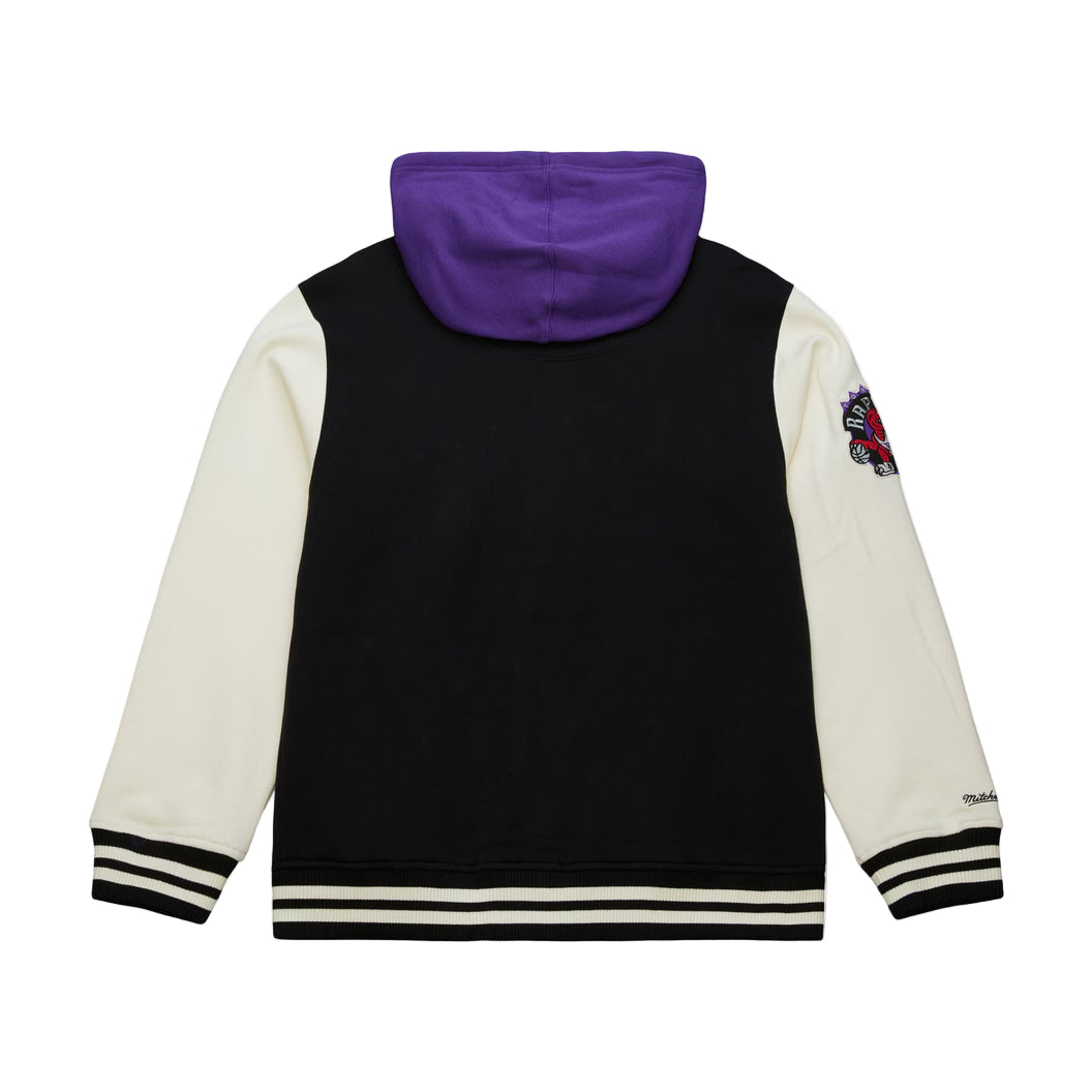 Black and white hoodie with purple hood on a white background