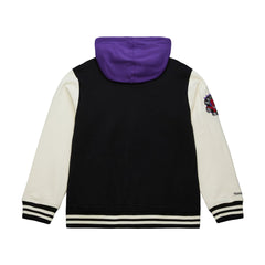 Black and white hoodie with purple hood on a white background