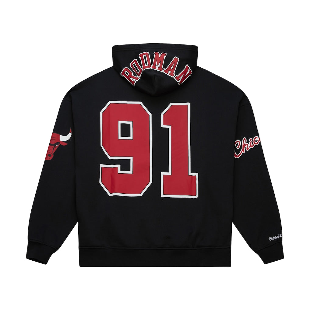 Black hoodie with red and white text and numbers on a light gray background