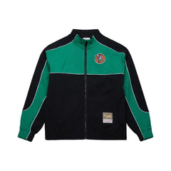 A Mitchell & Ness track jacket in green and black, featuring a zip-up front, ribbed collar, and a circular Boston Celtics logo on the left chest.